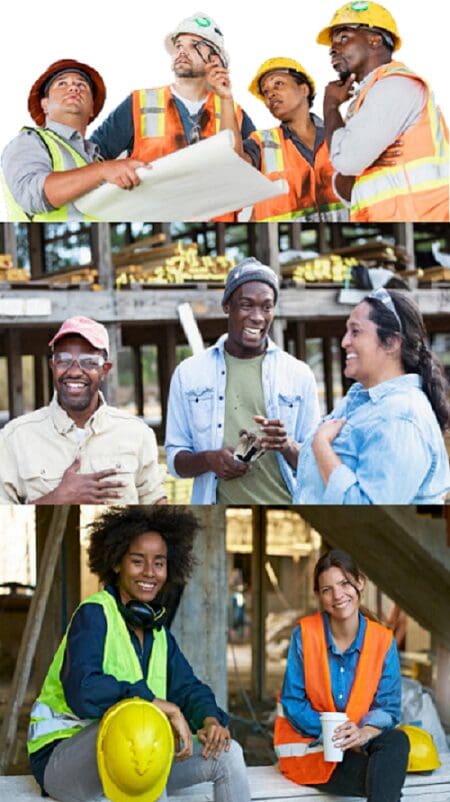 A collage of people with baseball bats and construction workers.