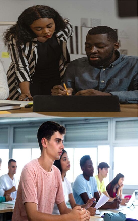 Two pictures of people in a room and one picture is of them working on a laptop